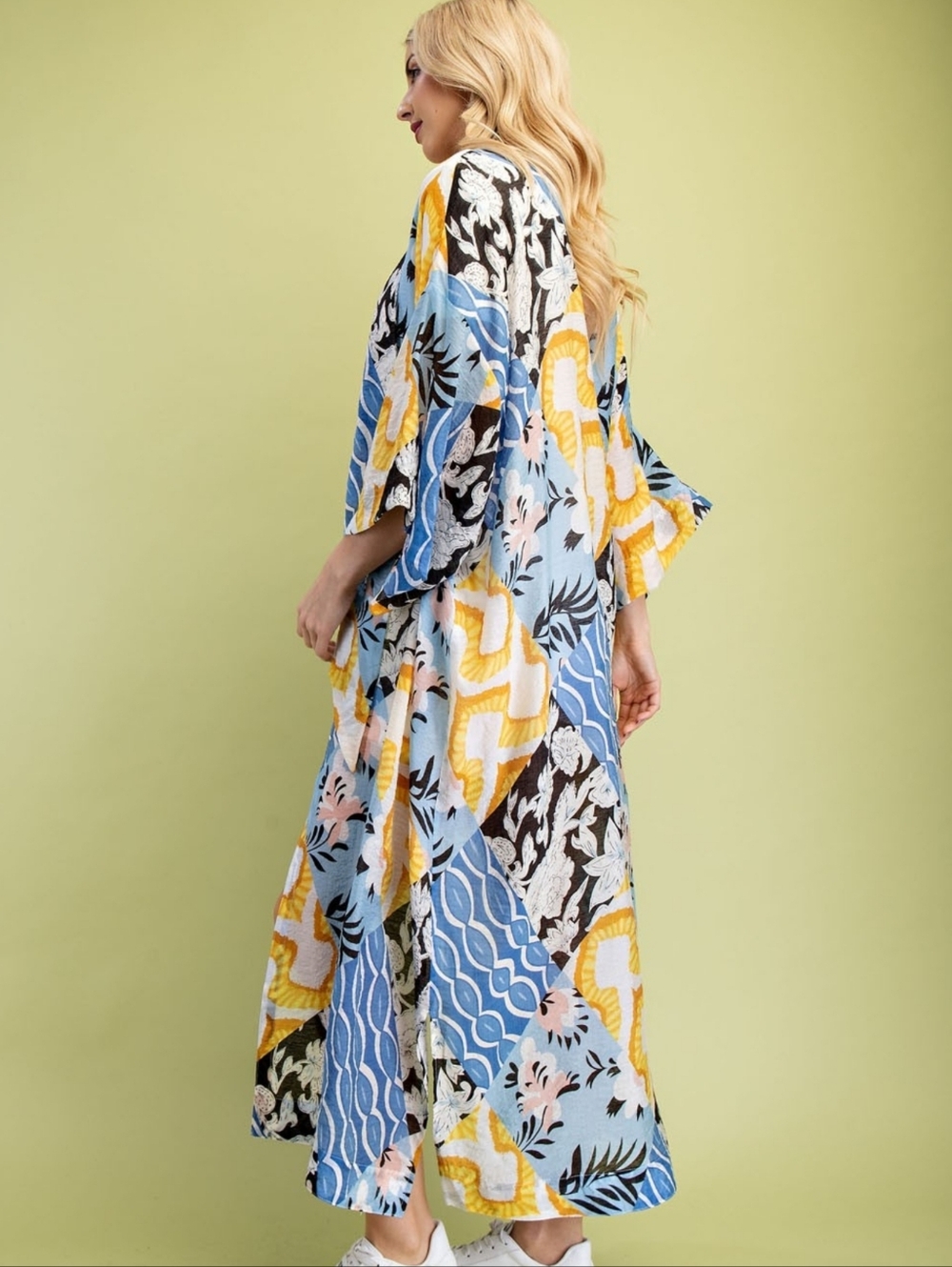 L9 | Flowy Patchwork Print Kimono Maxi - Blue, Yellow, Black
